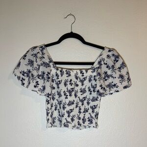 Japna Boho Floral Crop Top Off Shoulder Smocked Navy White Festival Summer